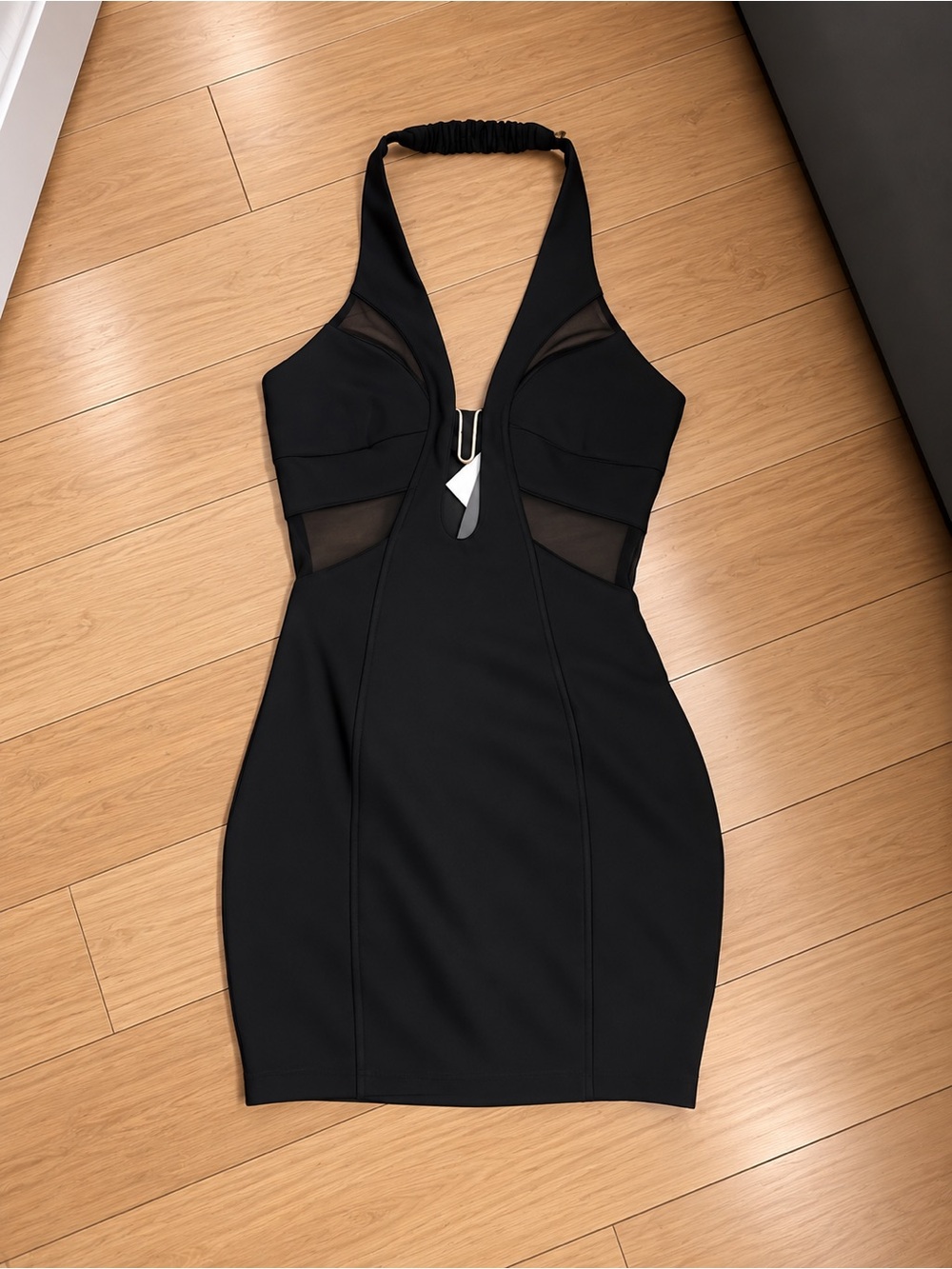 Black Halter Mesh-Insert Bodycon Dress